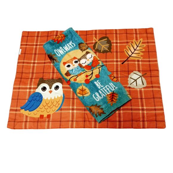 Thanksgiving Fall Owl Placemat and Kitchen Towel Set Autumn Woodland Be Grateful - Picture 1 of 12